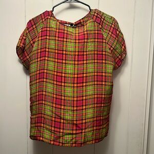 Vintage plaid shirt large pink orange green blouse
